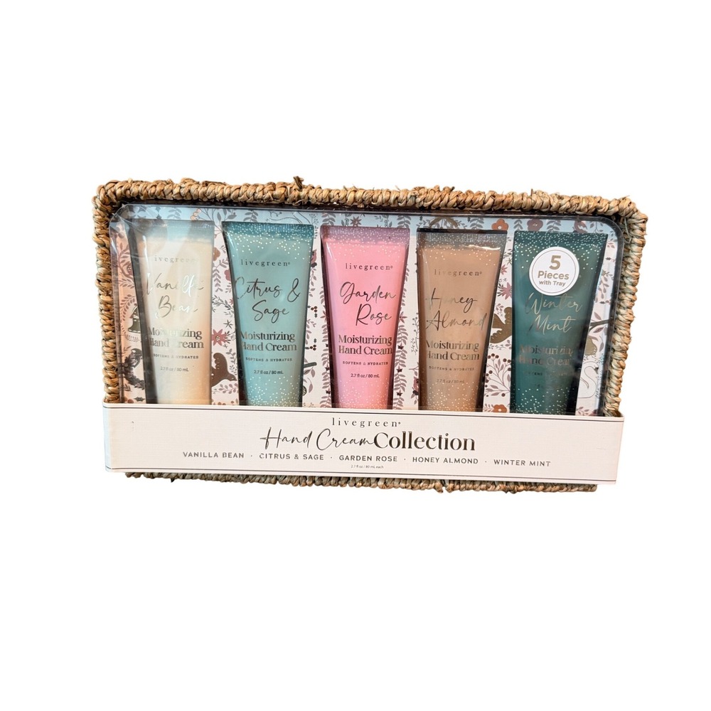 Livegreen Hand Cream Collection 5 Piece Gift Set with Woven Tray Vanilla Rose